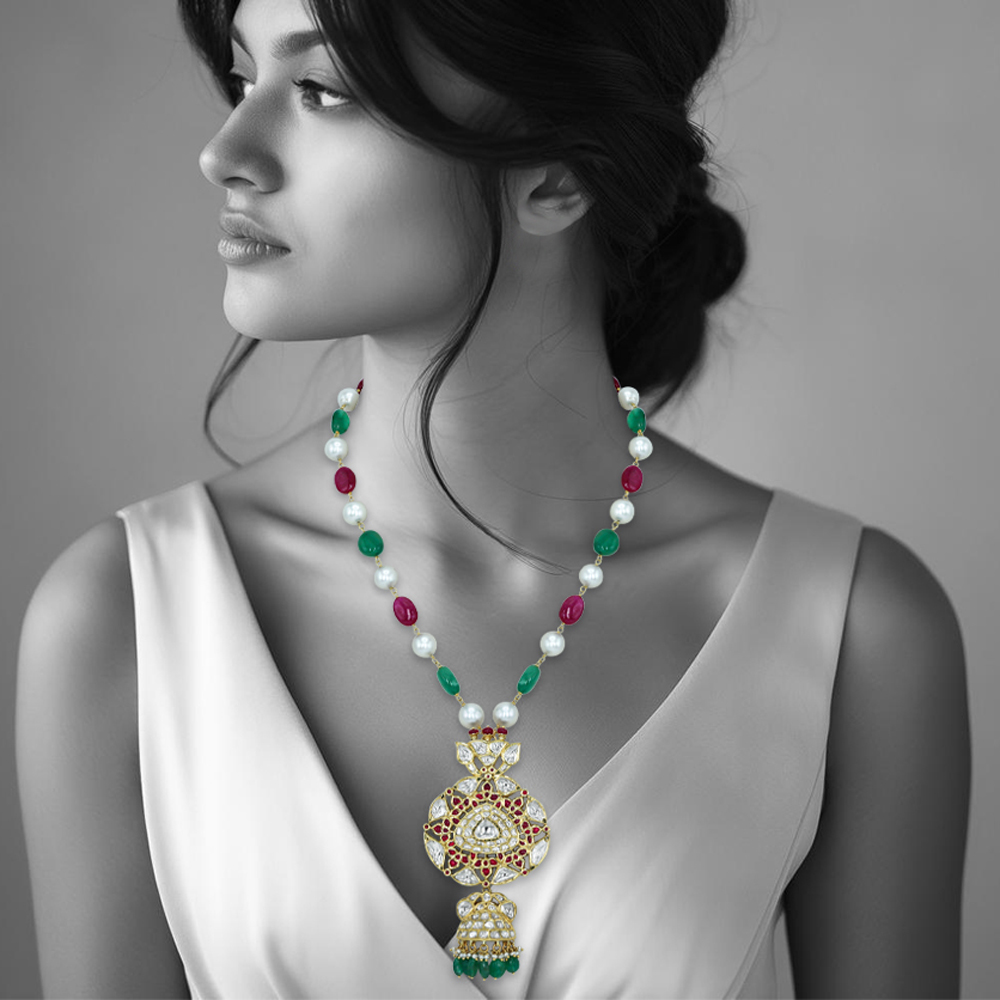 Green and Red Stone Necklace with Pearls and Polki Pendant